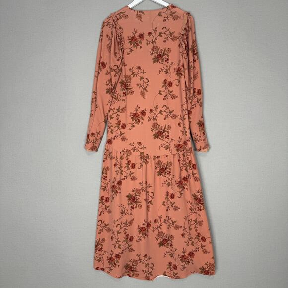 Mother of Pearl Dress Womens 10 Pink Crepe Midi Floral V-Neck Ruffle Cottage - Picture 8 of 16